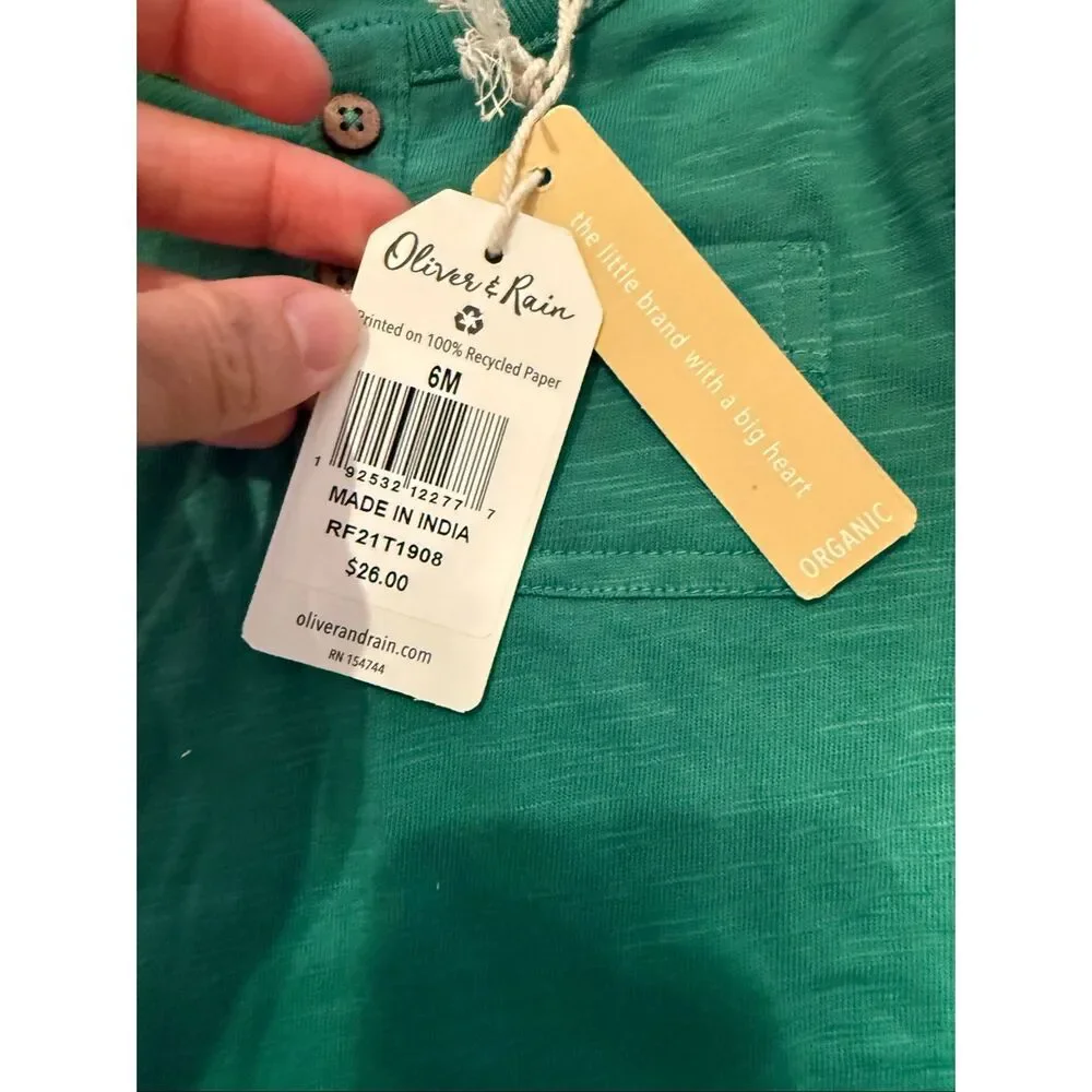 Oliver & Rain Green Squirrels Cotton Graphic Henley T-Shirt Size 3-6 Months NWT